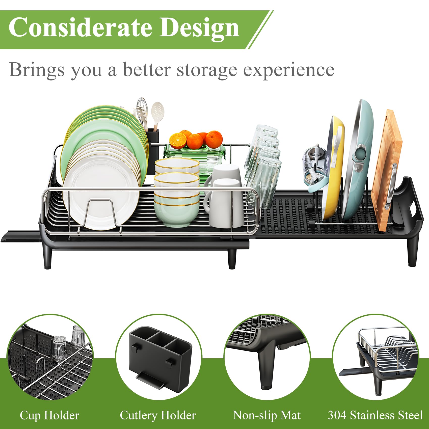 Dish Drying Rack - Expandable Dish Rack For Kitchen Counter, Large Dish Drainer With Pan Holder, Stainless Steel Dish Strainer W